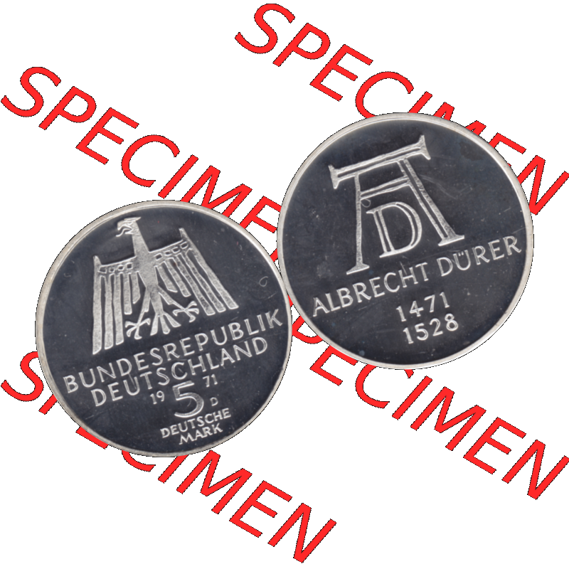 BRD Münzen 5 / Fünf Deutsche Mark, 5 DM Gedenkmünzen Silber 1971-1971, 5 DM-Deutsche Mark 1971 D-01 Albrecht Dürer 1471-1528 in PP. 5 DM / 5 Deutsche Mark... Sammlung