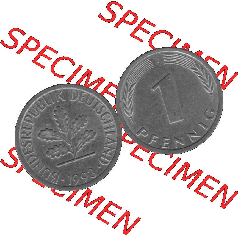 BRD Münzen 1 Pfennig Umlaufmünze in Graustufen PNG 1950-2001, 1 Pfennig 1993, 1990er Jahre J-01. Graustufen-Bilder der Vorderseite und Rückseite mit Wert-Zahl auf einen... Sammlung