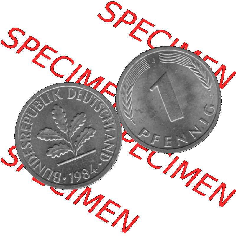 BRD Münzen 1 Pfennig Umlaufmünze in Graustufen PNG 1950-2001, 1 Pfennig 1984, 1980er Jahre J-01. Graustufen-Bilder der Vorderseite und Rückseite mit Wert-Zahl auf einen... Sammlung