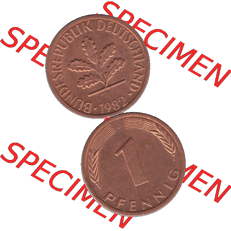 BRD Münzen 1 Pfennig Umlaufmünze in Farbigen PNG 1950-2001, 1 Pfennig 1982, 1980er Jahre J-01. Farbiges PNG-Bilder der 1 Pfennig Münze der BRD-Jahre. Vorderseite... Sammlung