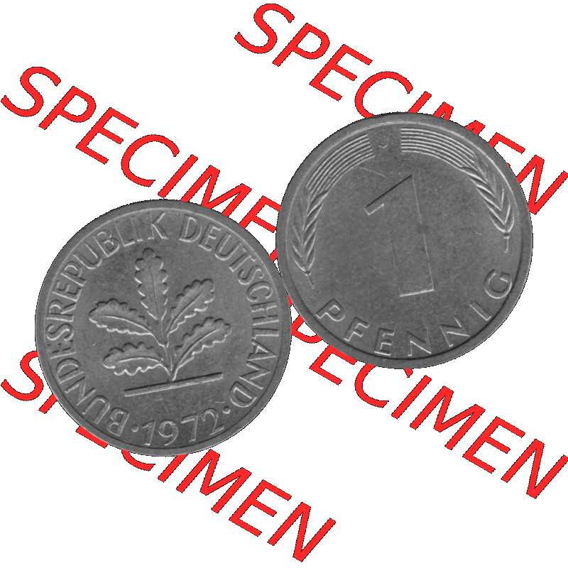 BRD Münzen 1 Pfennig Umlaufmünze in Graustufen PNG 1950-2001, 1 Pfennig 1972, 1970er Jahre J-01. Graustufen-Bilder der Vorderseite und Rückseite mit Wert-Zahl auf einen... Sammlung