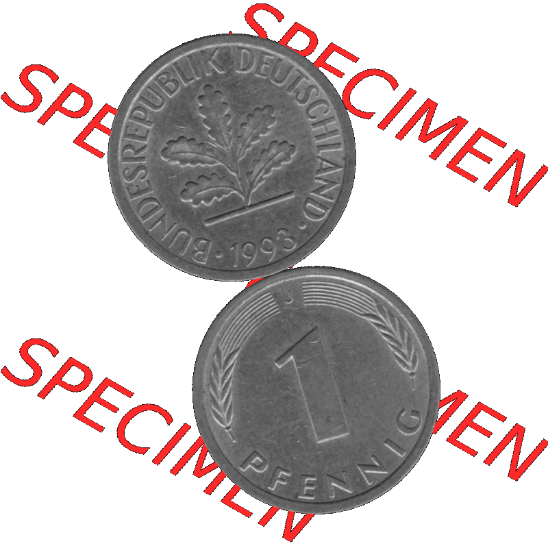 BRD Münzen 1 Pfennig Umlaufmünze in Graustufen PNG 1950-2001, 1 Pfennig 1993, 1990er Jahre J-01. Graustufen-Bild erstellt aus Farbigen Bild mit Vorderseite und Rückseite... Sammlung