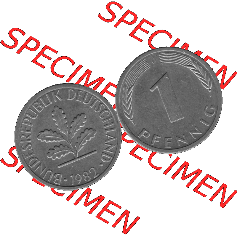 BRD Münzen 1 Pfennig Umlaufmünze in Graustufen PNG 1950-2001, 1 Pfennig 1982, 1980er Jahre J-01. Graustufen-Bilder der Vorderseite und Rückseite mit Wert-Zahl auf einen... Sammlung