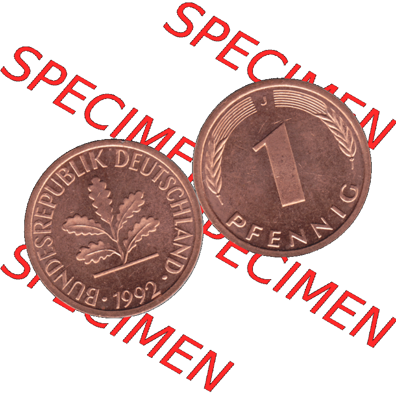 BRD Münzen 1 Pfennig Umlaufmünze in Farbigen PNG 1950-2001, 1 Pfennig 1992, 1990er Jahre J-01. 1 Pfennig Münze der BRD-Jahre. Vorderseite und Rückseite mit... Sammlung