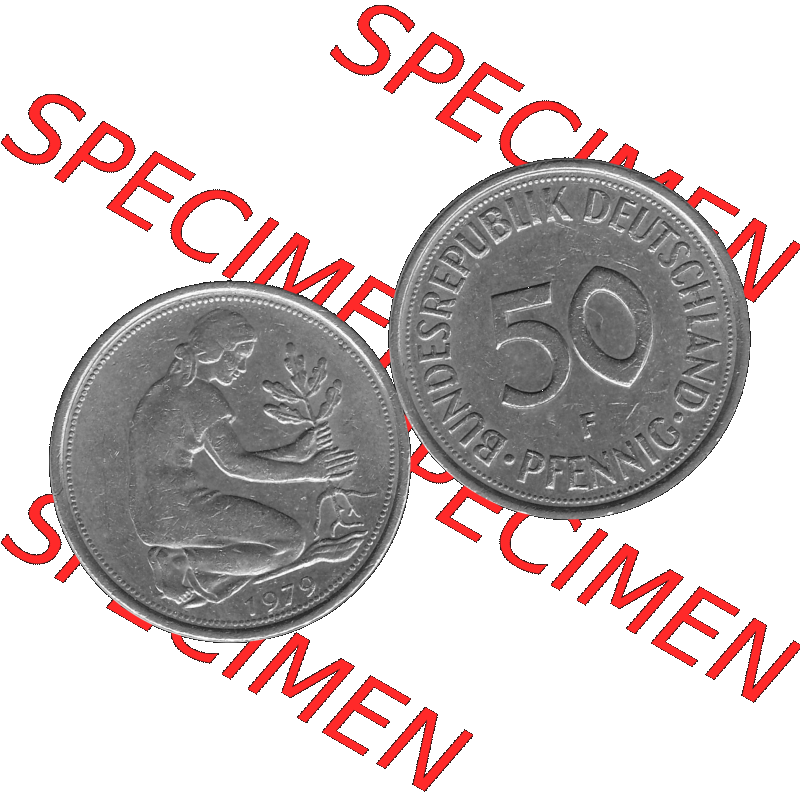 BRD Münzen 50 Pf. Umlaufmünze in graustufen PNG 1950-2001, 50 Pfennig 1979, 1970er Jahre Mzz. für Stuttgart F-01 Graustufen. PNG Computer-Grafik in Graustufen... Sammlung