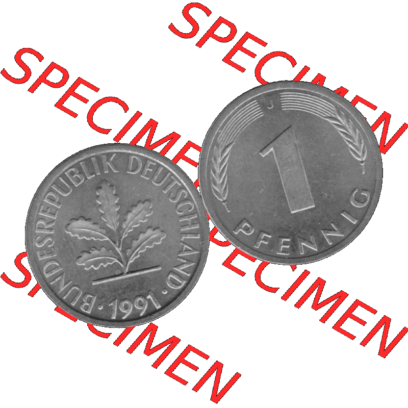 BRD Münzen 1 Pfennig Umlaufmünze in Graustufen PNG 1950-2001, 1 Pfennig 1991, 1990er Jahre J-01. Graustufen-Bilder der Vorderseite und Rückseite mit Wert-Zahl auf einen... Sammlung