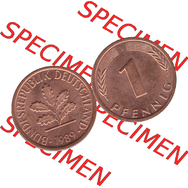 BRD Münzen 1 Pfennig Umlaufmünze in Farbigen PNG 1950-2001, 1 Pfennig 1989, 1980er Jahre J-01. 1 Pfennig Münze der BRD-Jahre. Vorderseite und Rückseite mit... Sammlung