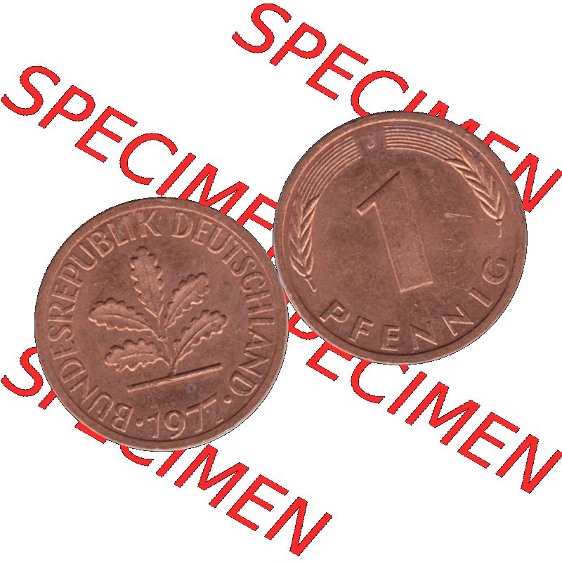 BRD Münzen 1 Pfennig Umlaufmünze in Farbigen PNG 1950-2001, 1 Pfennig 1977, 1970er Jahre J-01. 1 Pfennig Münze der BRD-Jahre. Vorderseite und Rückseite mit... Sammlung
