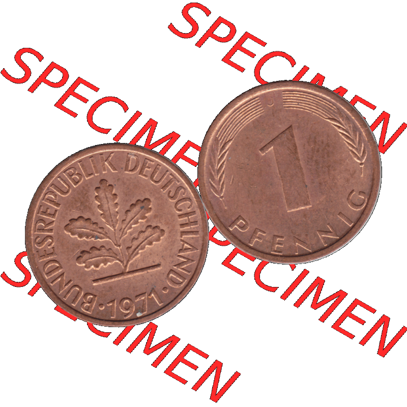 BRD Münzen 1 Pfennig Umlaufmünze in Farbigen PNG 1950-2001, 1 Pfennig 1971, 1970er Jahre J-01. 1 Pfennig Münze der BRD-Jahre. Vorderseite und Rückseite mit... Sammlung