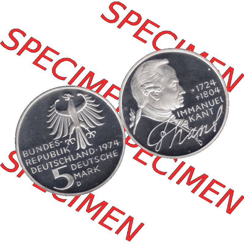 BRD Münzen 5 / Fünf Deutsche Mark, 5 DM Gedenkmünzen Silber 1974-1974, 5 DM-Deutsche Mark 1974 D-01 Immanuel Kant 1724-1804 Philosoph in PP. 5 DM / 5 Deutsche... Sammlung