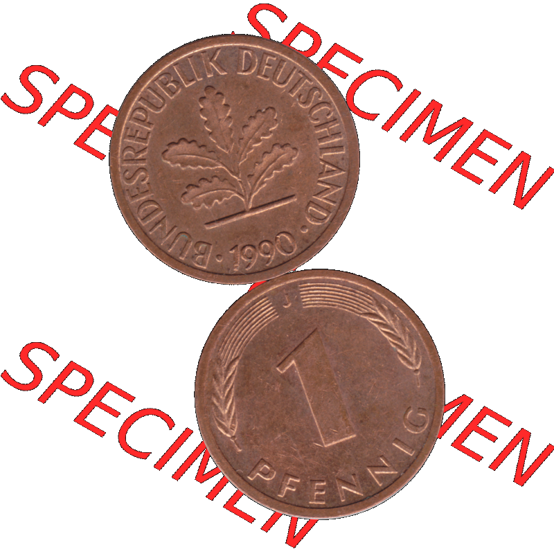 BRD Münzen 1 Pfennig Umlaufmünze in Farbigen PNG 1950-2001, 1 Pfennig 1990, 1990er Jahre J-01. Farbiges PNG-Bilder der 1 Pfennig Münze der BRD-Jahre. Vorderseite... Sammlung