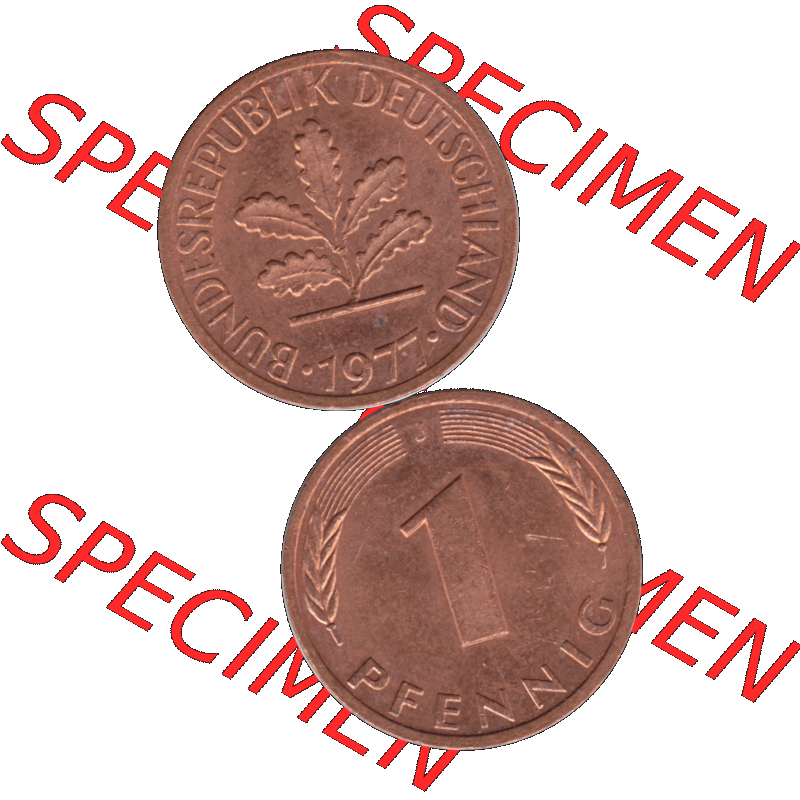 BRD Münzen 1 Pfennig Umlaufmünze in Farbigen PNG 1950-2001, 1 Pfennig 1977, 1970er Jahre J-01. Farbiges PNG-Bilder der 1 Pfennig Münze der BRD-Jahre. Vorderseite... Sammlung