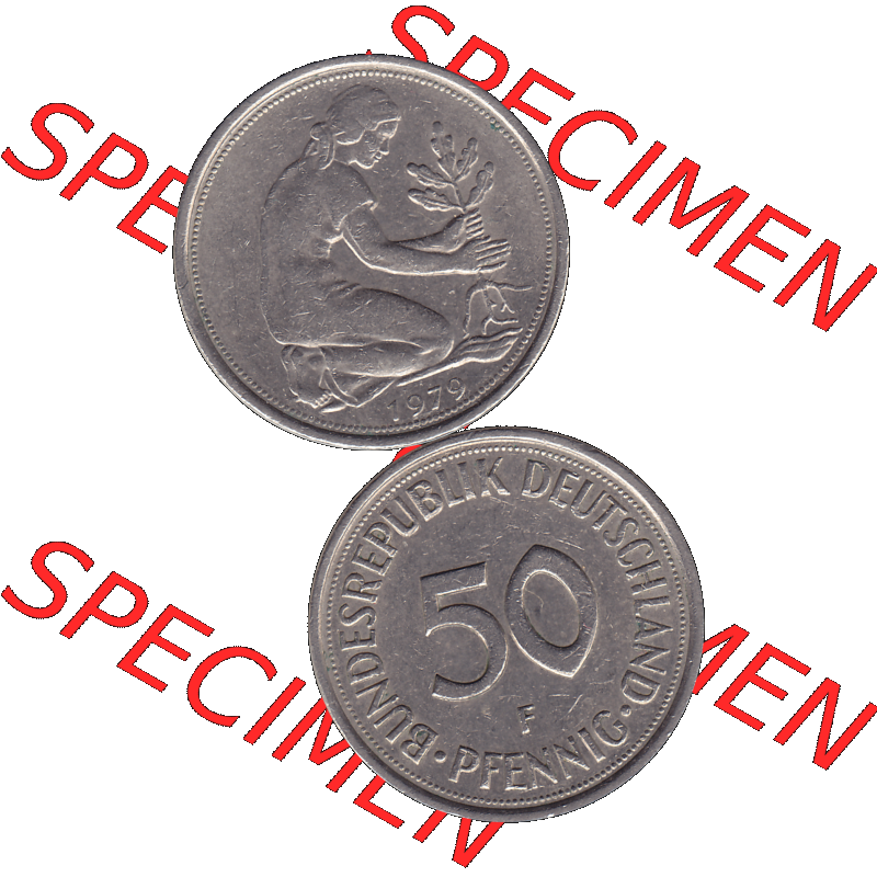 BRD Münzen 50 Pf. Umlaufmünze in PNG 1950-2001, 50 Pfennig 1979, 1970er Jahre Münzzeichen für Stuttgart F-01. PNG Computer-Grafik einer digitalisierten 50... Sammlung