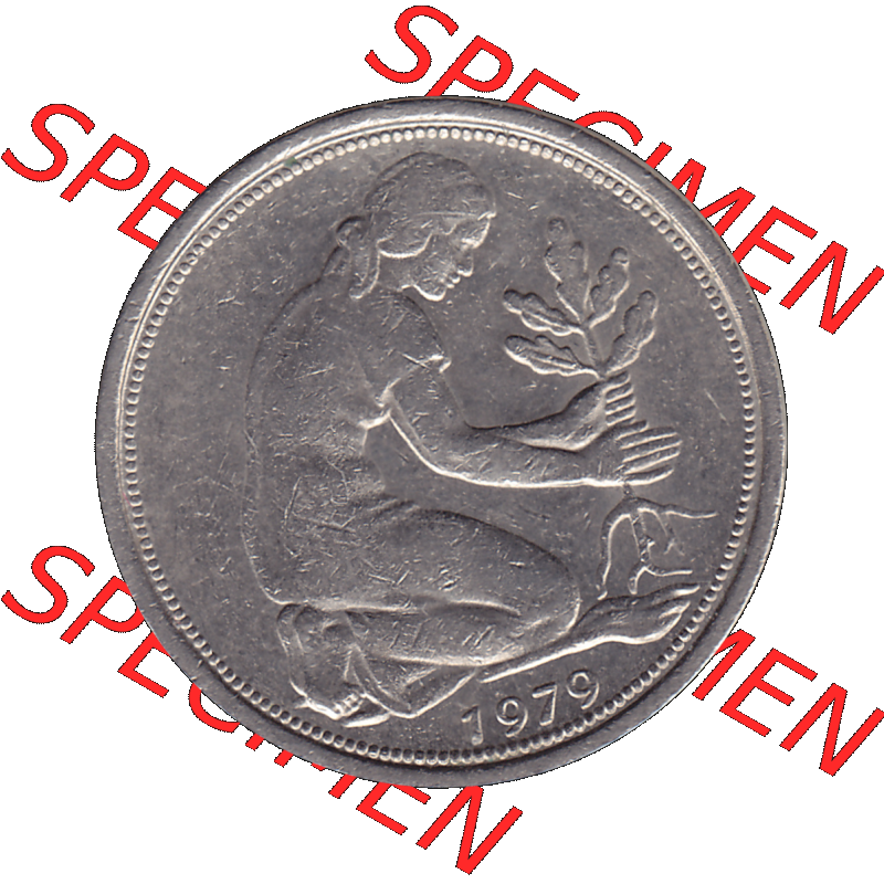BRD Münzen 50 Pf. Umlaufmünze in PNG 1950-2001, 50 Pfennig 1979, 1970er Jahre Münzzeichen für Karlsruhe G-01. PNG Computer-Grafik einer digitalisierten 50... Sammlung