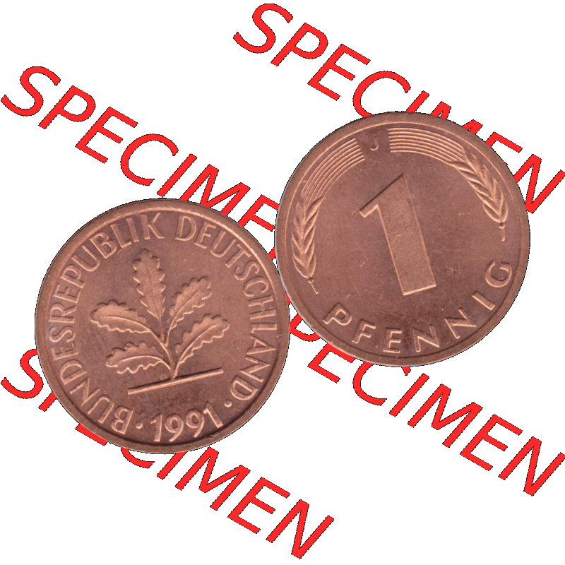 BRD Münzen 1 Pfennig Umlaufmünze in Farbigen PNG 1950-2001, 1 Pfennig 1991, 1990er Jahre J-01. 1 Pfennig Münze der BRD-Jahre. Vorderseite und Rückseite mit... Sammlung