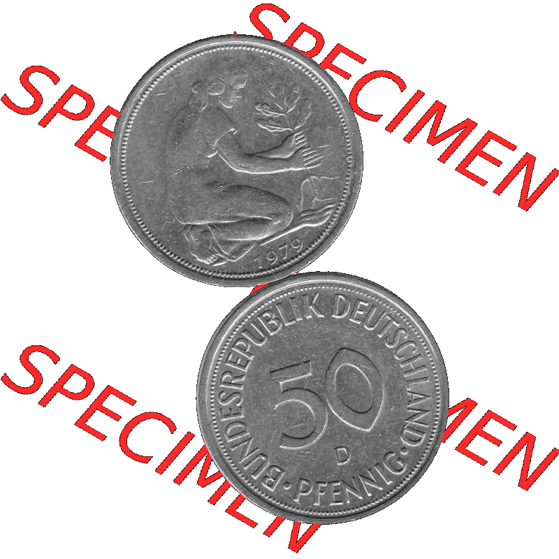 BRD Münzen 50 Pf. Umlaufmünze in graustufen PNG 1950-2001, 50 Pfennig 1979, 1970er Jahre Mzz. für München D-01 Graustufen. PNG Computer-Grafik in Graustufen-PNG... Sammlung
