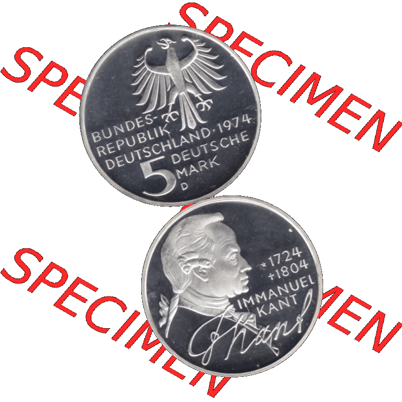 BRD Münzen 5 / Fünf Deutsche Mark, 5 DM Gedenkmünzen Silber 1974-1974, 5 DM-Deutsche Mark 1974 D-01 Immanuel Kant 1724-1804 Philosoph in PP. Farbiges PNG-Bilder der... Sammlung