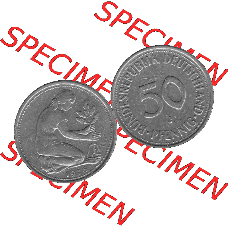 BRD Münzen 50 Pf. Umlaufmünze in graustufen PNG 1950-2001, 50 Pfennig 1976, 1970er Jahre J-01 Graustufen. PNG Computer-Grafik in Graustufen einer digitalisierten 50... Sammlung
