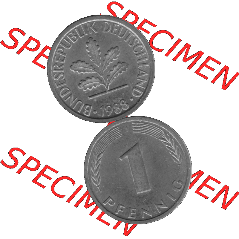 BRD Münzen 1 Pfennig Umlaufmünze in Graustufen PNG 1950-2001, 1 Pfennig 1988, 1980er Jahre J-01. Graustufen-Bild erstellt aus Farbigen Bild mit Vorderseite und Rückseite... Sammlung