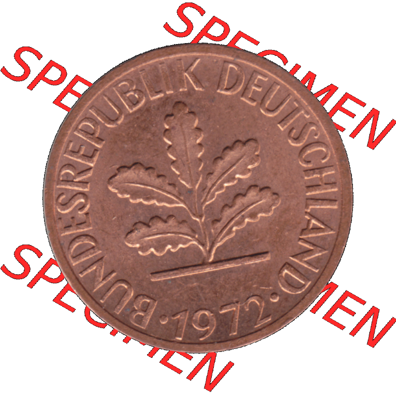BRD Münzen 1 Pfennig Umlaufmünze in Farbigen PNG 1950-2001, 1 Pfennig 1972, 1970er Jahre J-01. Vorderseite der digitalisierte 1 / Ein Pfennig-Münze J, mit Mzz.... Sammlung