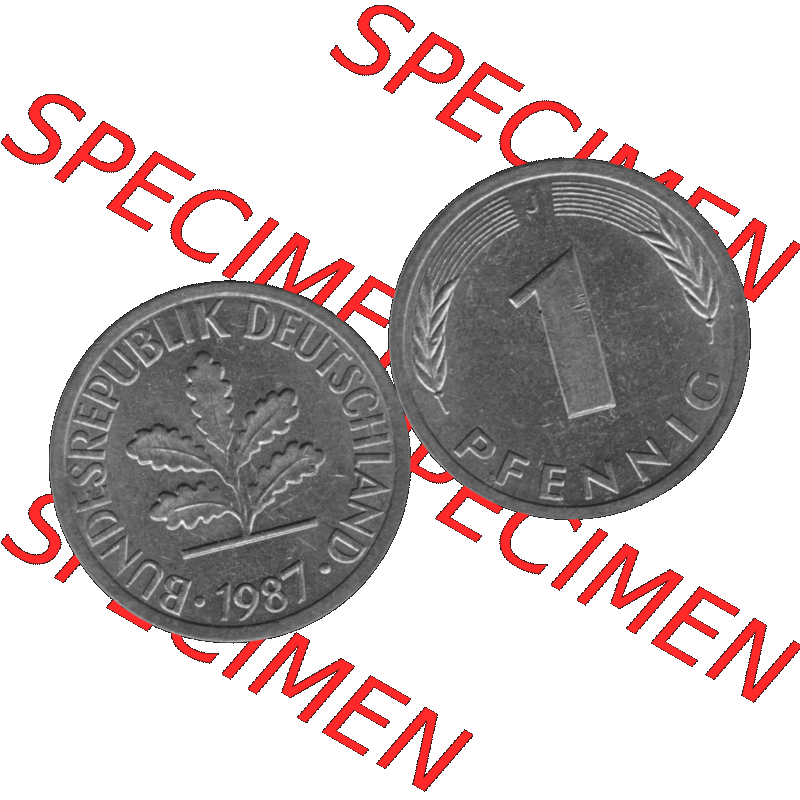 BRD Münzen 1 Pfennig Umlaufmünze in Graustufen PNG 1950-2001, 1 Pfennig 1987, 1980er Jahre J-01. Graustufen-Bilder der Vorderseite und Rückseite mit Wert-Zahl auf einen... Sammlung