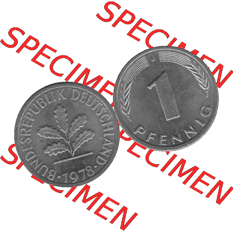 BRD Münzen 1 Pfennig Umlaufmünze in Graustufen PNG 1950-2001, 1 Pfennig 1978, 1970er Jahre J-01. Graustufen-Bilder der Vorderseite und Rückseite mit Wert-Zahl auf einen... Sammlung
