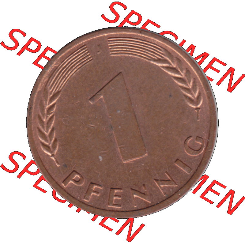 BRD Münzen 1 Pfennig Umlaufmünze in Farbigen PNG 1950-2001, 1 Pfennig 1950, 1950er Jahre J-01. Rückseite mit Wert-Zahl der digitalisierten 1 / Ein Pfennig-Münze... Sammlung