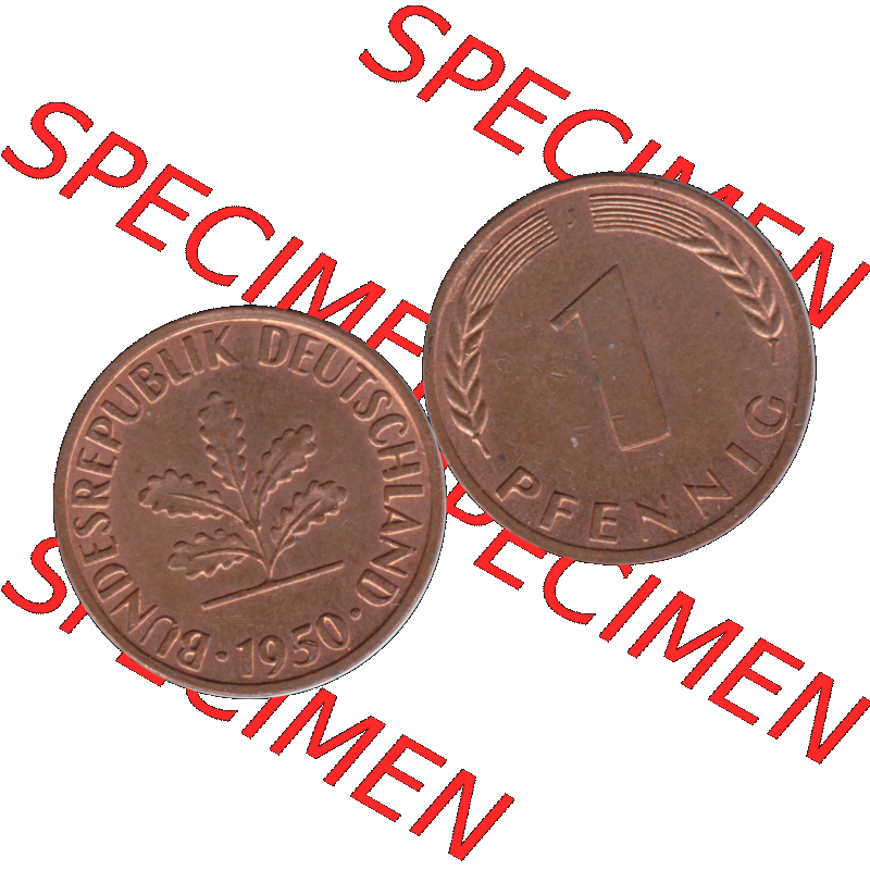 BRD Münzen 1 Pfennig Umlaufmünze in Farbigen PNG 1950-2001, 1 Pfennig 1950, 1950er Jahre J-01. 1 Pfennig Münze der BRD-Jahre. Vorderseite und Rückseite mit... Sammlung