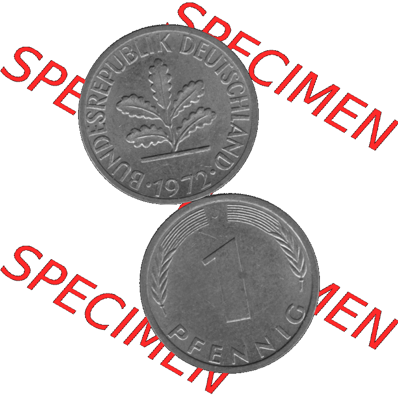 BRD Münzen 1 Pfennig Umlaufmünze in Graustufen PNG 1950-2001, 1 Pfennig 1972, 1970er Jahre J-01. Graustufen-Bild erstellt aus Farbigen Bild mit Vorderseite und Rückseite... Sammlung