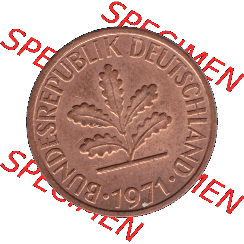 BRD Münzen 1 Pfennig Umlaufmünze in Farbigen PNG 1950-2001, 1 Pfennig 1971, 1970er Jahre J-01. Vorderseite der digitalisierte 1 / Ein Pfennig-Münze J, mit Mzz.... Sammlung