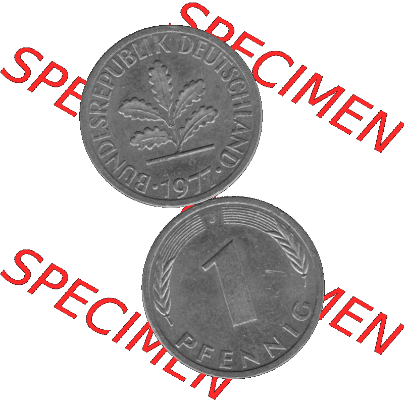 BRD Münzen 1 Pfennig Umlaufmünze in Graustufen PNG 1950-2001, 1 Pfennig 1977, 1970er Jahre J-01. Graustufen-Bild erstellt aus Farbigen Bild mit Vorderseite und Rückseite... Sammlung