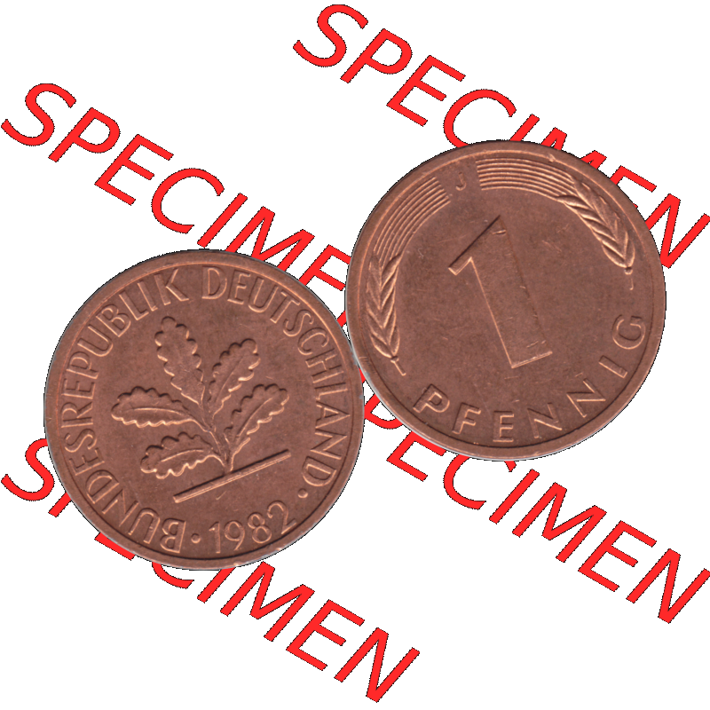 BRD Münzen 1 Pfennig Umlaufmünze in Farbigen PNG 1950-2001, 1 Pfennig 1982, 1980er Jahre J-01. 1 Pfennig Münze der BRD-Jahre. Vorderseite und Rückseite mit... Sammlung