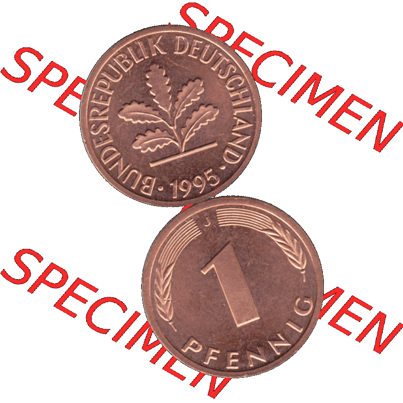 BRD Münzen 1 Pfennig Umlaufmünze in Farbigen PNG 1950-2001, 1 Pfennig 1995, 1990er Jahre J-01. Farbiges PNG-Bilder der 1 Pfennig Münze der BRD-Jahre. Vorderseite... Sammlung