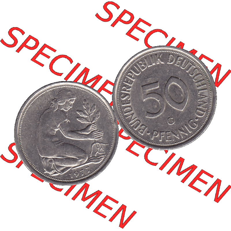 BRD Münzen 50 Pf. Umlaufmünze in PNG 1950-2001, 50 Pfennig 1977, 1970er Jahre G-01. PNG Computer-Grafik einer digitalisierten 50 Pfennig Münze. Vorderseite... Sammlung