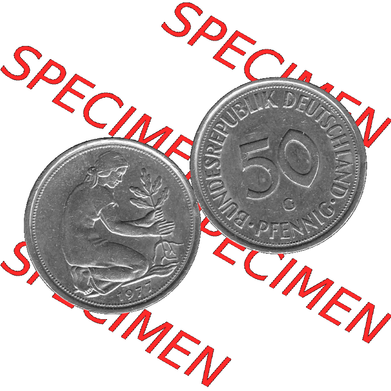 BRD Münzen 50 Pf. Umlaufmünze in graustufen PNG 1950-2001, 50 Pfennig 1977, 1970er Jahre G-01 Graustufen. PNG Computer-Grafik in Graustufen einer digitalisierten 50... Sammlung