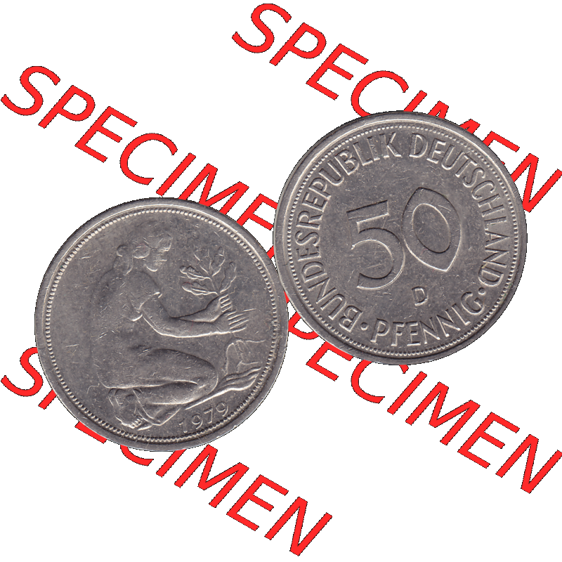 BRD Münzen 50 Pf. Umlaufmünze in PNG 1950-2001, 50 Pfennig 1979, 1970er Jahre Münzzeichen für München D-01. PNG Computer-Grafik einer digitalisierten... Sammlung