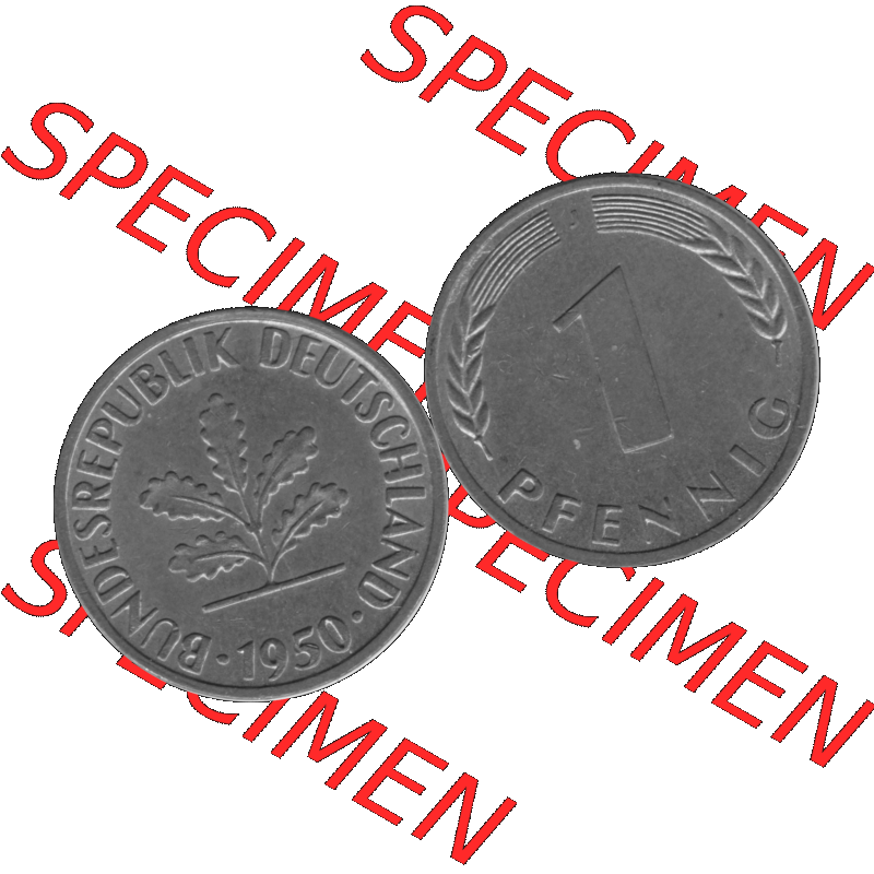 BRD Münzen 1 Pfennig Umlaufmünze in Graustufen PNG 1950-2001, 1 Pfennig 1950, 1950er Jahre J-01. Graustufen-Bilder der Vorderseite und Rückseite mit Wert-Zahl auf einen... Sammlung