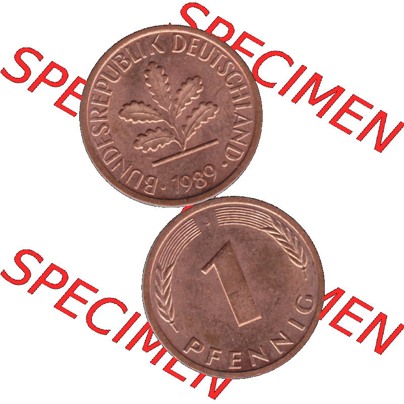 BRD Münzen 1 Pfennig Umlaufmünze in Farbigen PNG 1950-2001, 1 Pfennig 1989, 1980er Jahre J-01. Farbiges PNG-Bilder der 1 Pfennig Münze der BRD-Jahre. Vorderseite... Sammlung