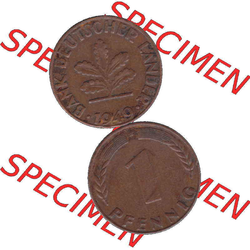 BRD Münzen 1 Pfennig Umlaufmünze in Farbigen PNG 1948-1949, 1 Pfennig 1949, 1950er Jahre J-01. Farbiges PNG-Bilder der 1 - Ein Pfennig Münze der BRD-Jahre. Vorderseite... Sammlung