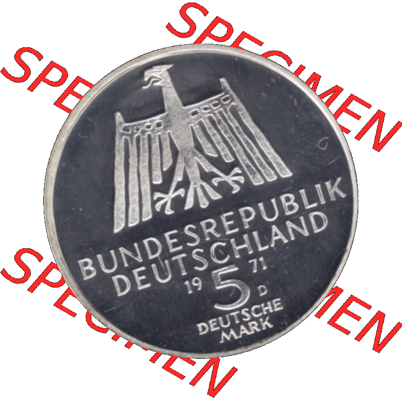 BRD Münzen 5 / Fünf Deutsche Mark, 5 DM Gedenkmünzen Silber 1971-1971, 5 DM-Deutsche Mark 1971 D-01 Albrecht Dürer 1471-1528 in PP. PNG Computer-Grafik einer... Sammlung