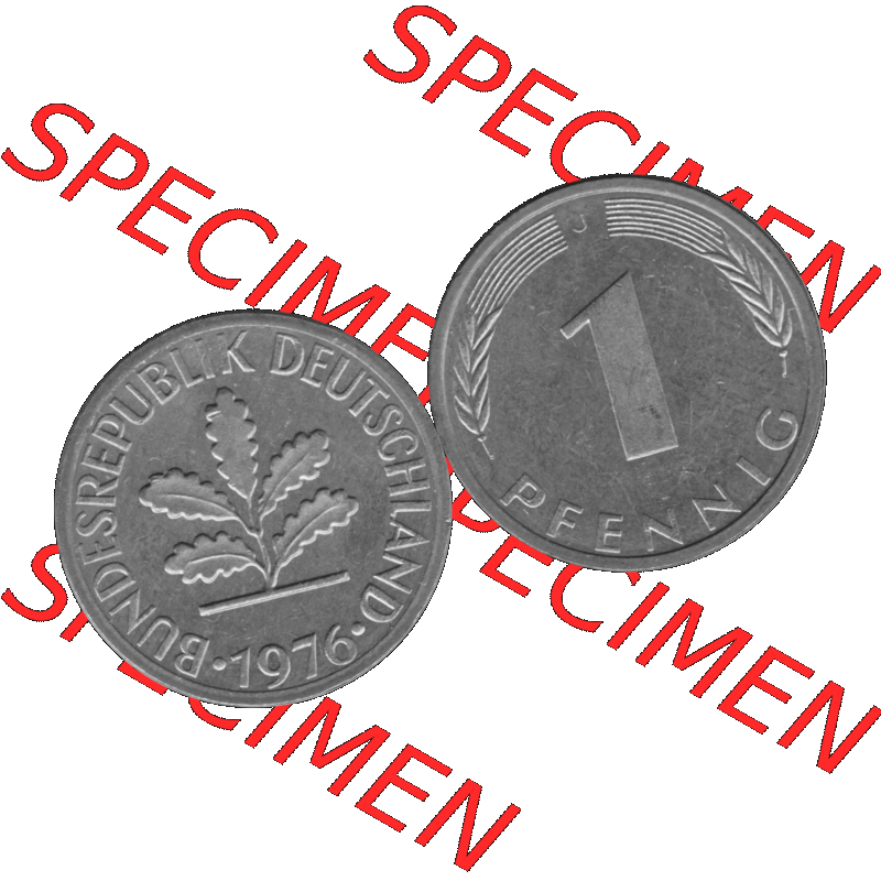 BRD Münzen 1 Pfennig Umlaufmünze in Graustufen PNG 1950-2001, 1 Pfennig 1976, 1970er Jahre J-01. Graustufen-Bilder der Vorderseite und Rückseite mit Wert-Zahl auf einen... Sammlung