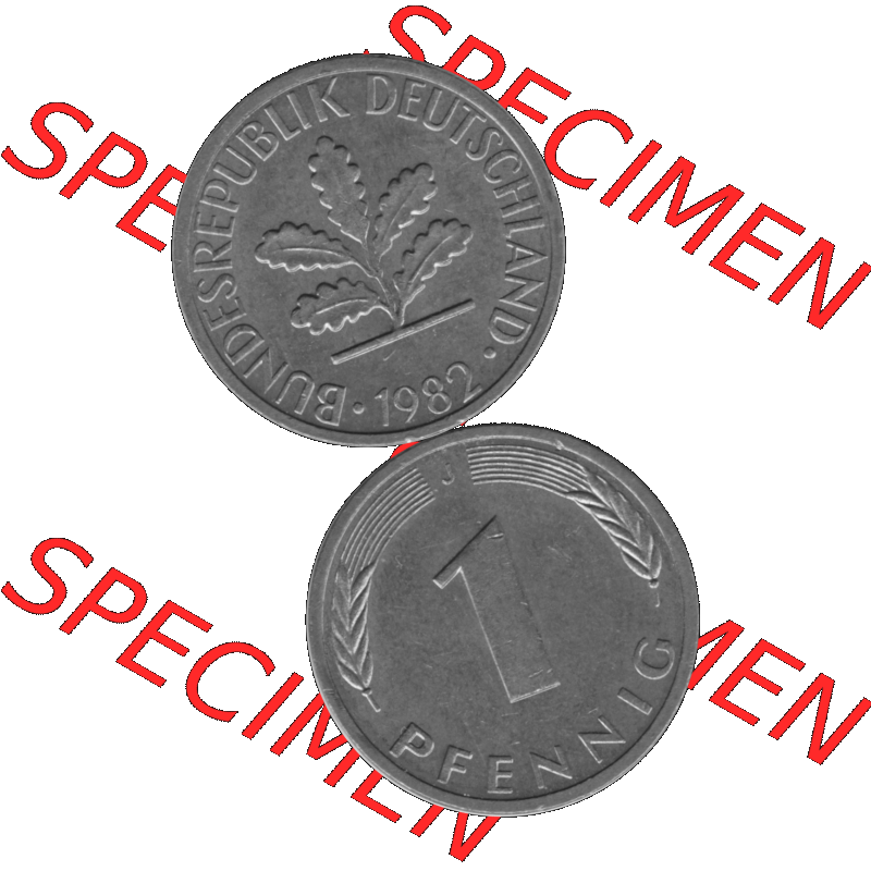 BRD Münzen 1 Pfennig Umlaufmünze in Graustufen PNG 1950-2001, 1 Pfennig 1982, 1980er Jahre J-01. Graustufen-Bild erstellt aus Farbigen Bild mit Vorderseite und Rückseite... Sammlung