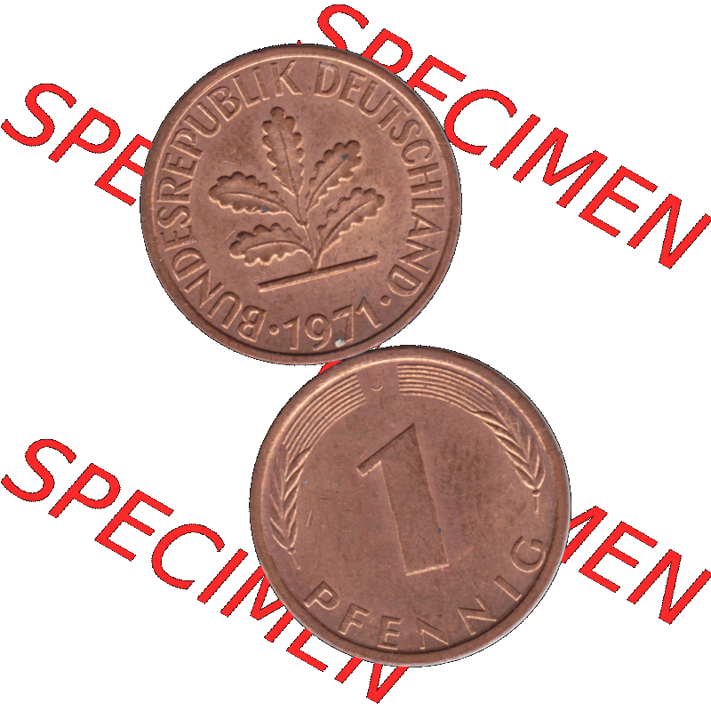 BRD Münzen 1 Pfennig Umlaufmünze in Farbigen PNG 1950-2001, 1 Pfennig 1971, 1970er Jahre J-01. Farbiges PNG-Bilder der 1 - Ein Pfennig Münze der BRD-Jahre. Vorderseite... Sammlung