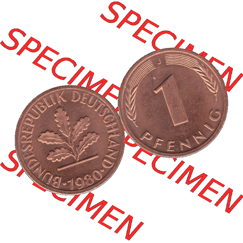 BRD Münzen 1 Pfennig Umlaufmünze in Farbigen PNG 1950-2001, 1 Pfennig 1980, 1980er Jahre J-01. 1 Pfennig Münze der BRD-Jahre. Vorderseite und Rückseite mit... Sammlung
