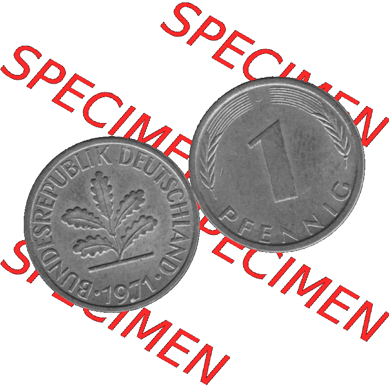 BRD Münzen 1 Pfennig Umlaufmünze in Graustufen PNG 1950-2001, 1 Pfennig 1971, 1970er Jahre J-01. Graustufen-Bilder der Vorderseite und Rückseite mit Wert-Zahl auf einen... Sammlung