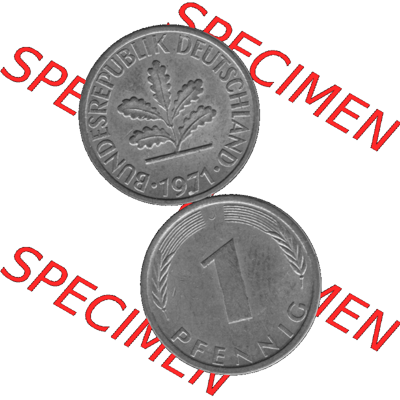 BRD Münzen 1 Pfennig Umlaufmünze in Graustufen PNG 1950-2001, 1 Pfennig 1971, 1970er Jahre J-01. Graustufen-Bild erstellt aus Farbigen Bild mit Vorderseite und Rückseite... Sammlung