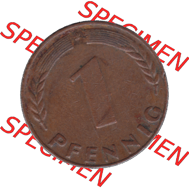 BRD Münzen 1 Pfennig Umlaufmünze in Farbigen PNG 1948-1949, 1 Pfennig 1949, 1950er Jahre J-01. Rückseite mit Wert-Zahl der digitalisierten 1 / Ein Pfennig-Münze... Sammlung