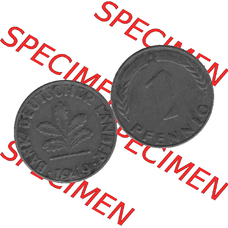 BRD Münzen 1 Pfennig Umlaufmünze in Graustufen PNG 1948-1949, 1 Pfennig 1949, 1950er Jahre J-01. Graustufen-Bilder der Vorderseite und Rückseite mit Wert-Zahl auf einen... Sammlung