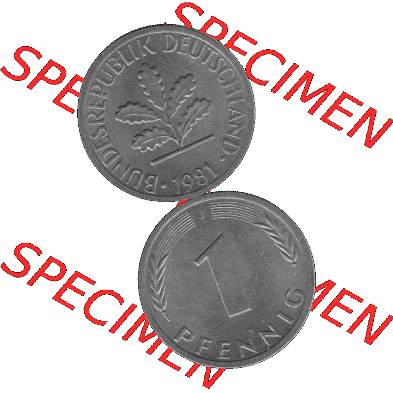 BRD Münzen 1 Pfennig Umlaufmünze in Graustufen PNG 1950-2001, 1 Pfennig 1981, 1980er Jahre J-01. Graustufen-Bild erstellt aus Farbigen Bild mit Vorderseite und Rückseite... Sammlung