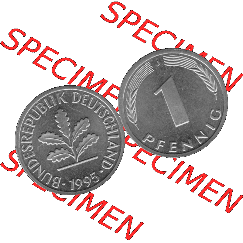 BRD Münzen 1 Pfennig Umlaufmünze in Graustufen PNG 1950-2001, 1 Pfennig 1995, 1990er Jahre J-01. Graustufen-Bilder der Vorderseite und Rückseite mit Wert-Zahl auf einen... Sammlung